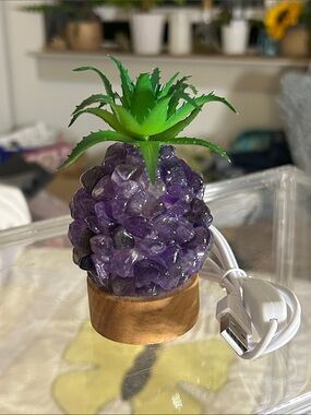 Amethyst Crystal Pineapple Night Light with Faux Green Top 4.75” Tall New
